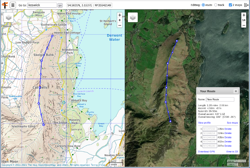 Screenshot of route up Catbells on new mapping app