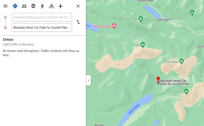 Google Maps directions to Scafell Pike walk