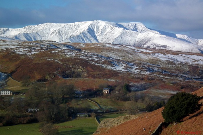 Looking towards a snow covered Blencathra from the flanks of Gowbarrow Fell.