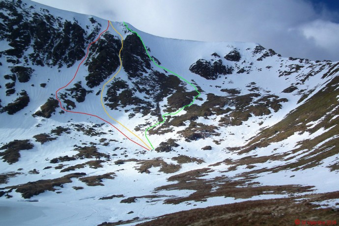 Closer view of the gullies with routes added.