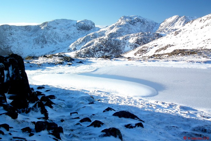 The Scafell's vista across one of the Three Tarns.