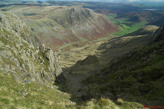 Looking across Langdale from the top of the steep scree slope next to Bowfell Buttress.