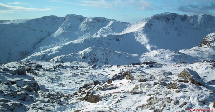 Crinkle Crags and Bowfell from Harrison Stickle summit.