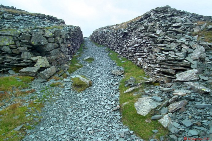 A pathway through Honister Slate Quarries.