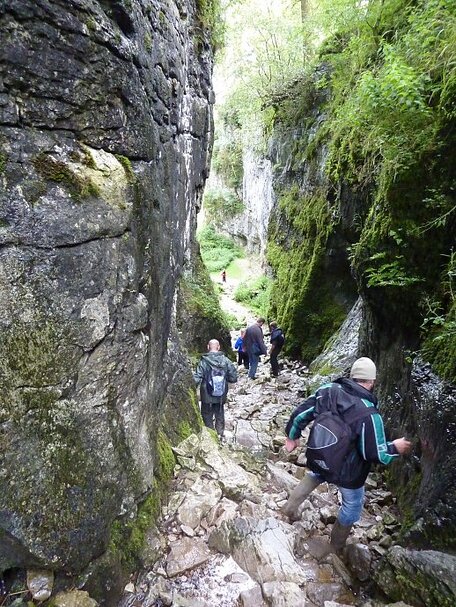 Clambering down into Trow Gill on the journey back to Clapham