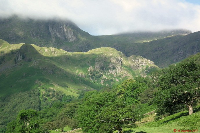 Cloud capped Dove Crag from Hartsop Hall intake.