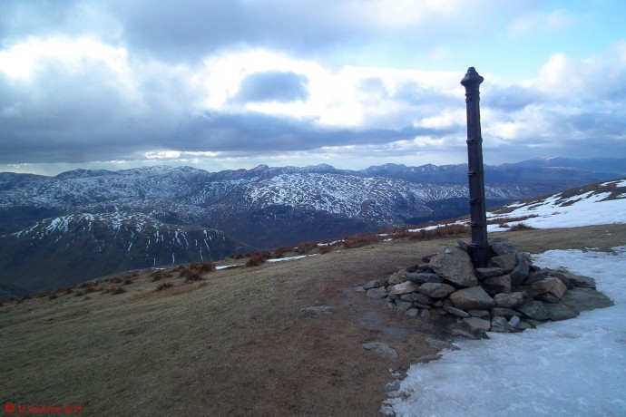 Ornate iron fence post on the summit flanks of Dollywaggon Pike.